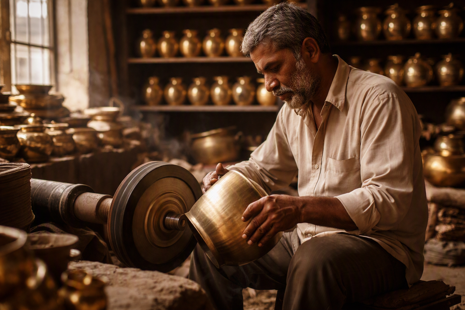 A craftsperson polishing a brass vessel in a traditional utensil workshop