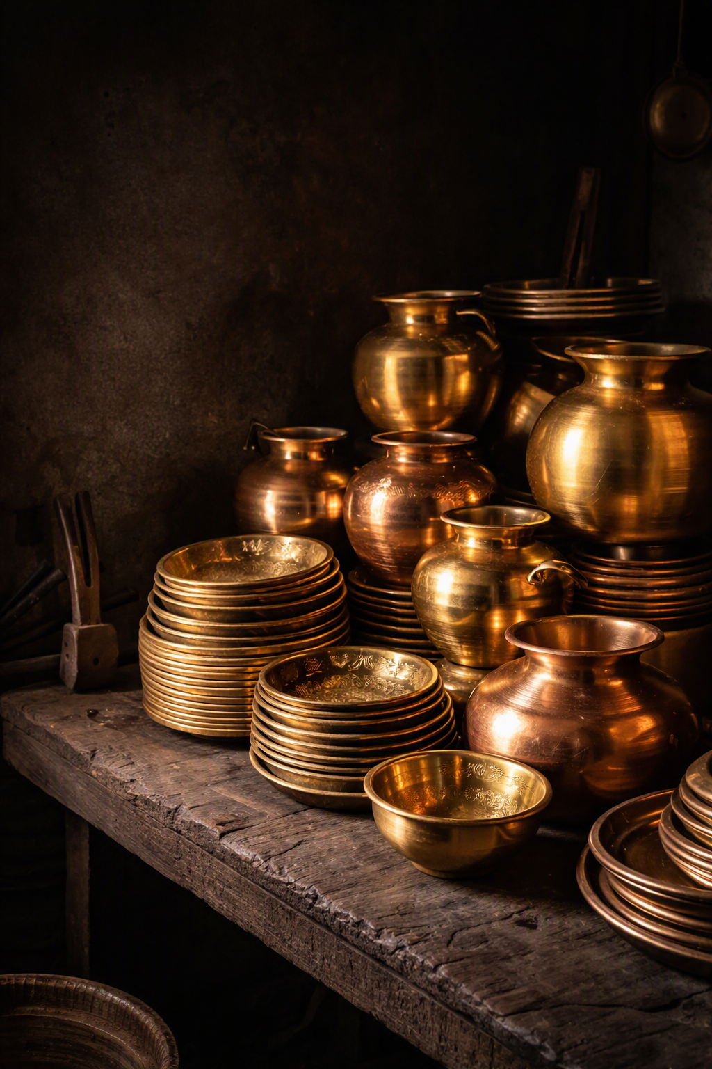 Stacked brass and copper vessels in a traditional workshop